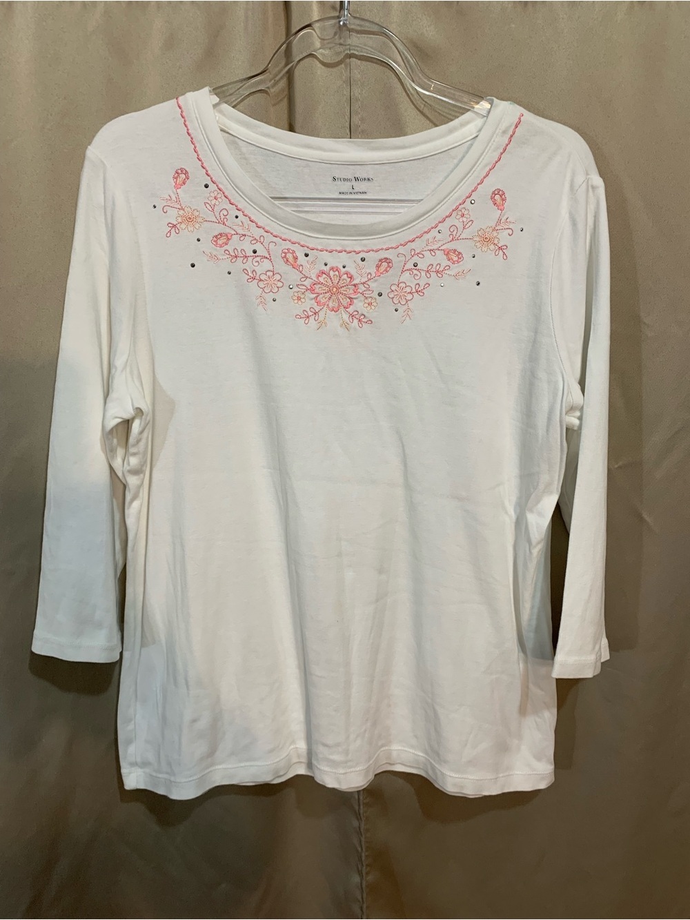 Studio Works White Long Sleeve Tee with Pink Floral Embroidery. #48/1